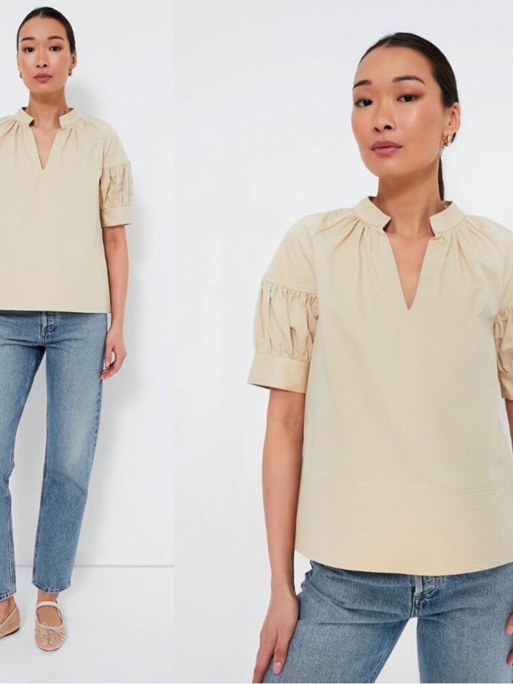 Tuckernuck NEW Tan Ruthie Cotton Short Sleeve Pleated Casual Blouse Size Medium
